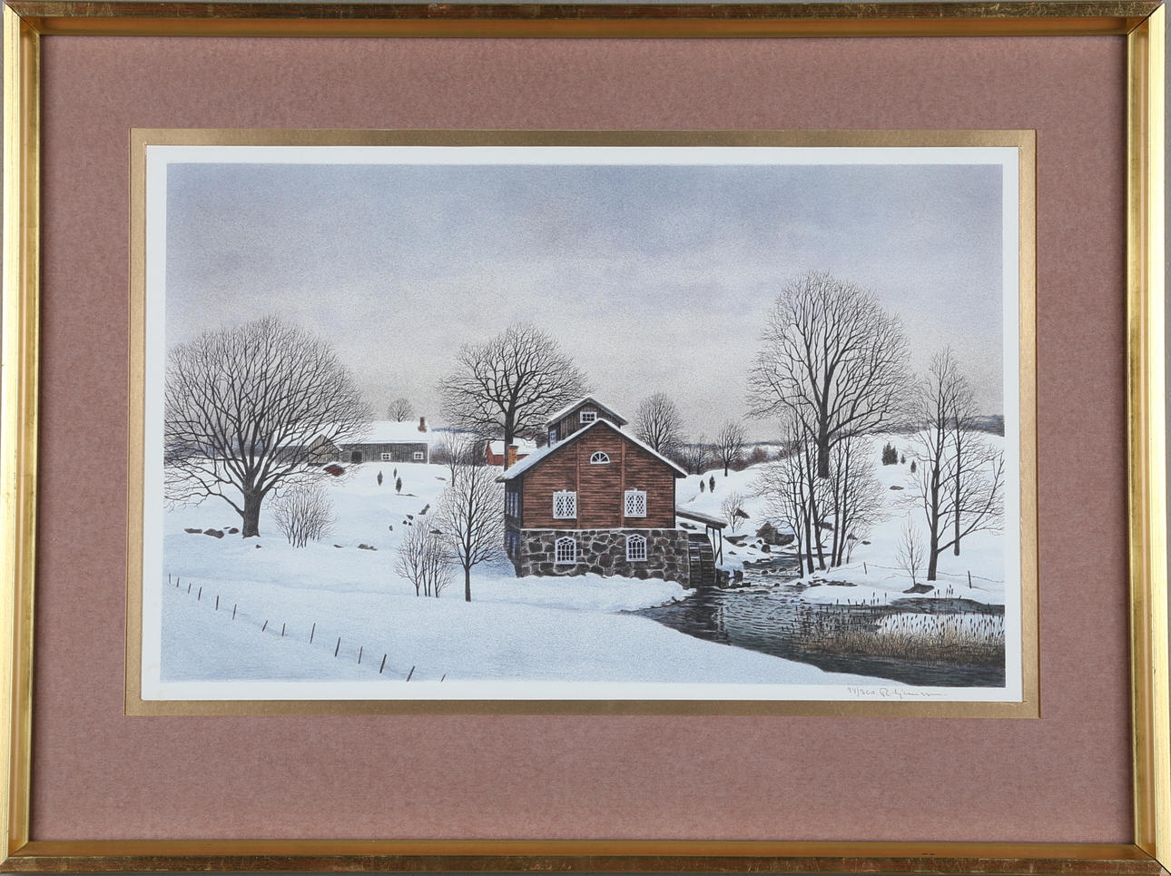 REINHOLD LJUNGGREN. Winter landscape with farm. Color lithograph, signed and numbered 94/360.