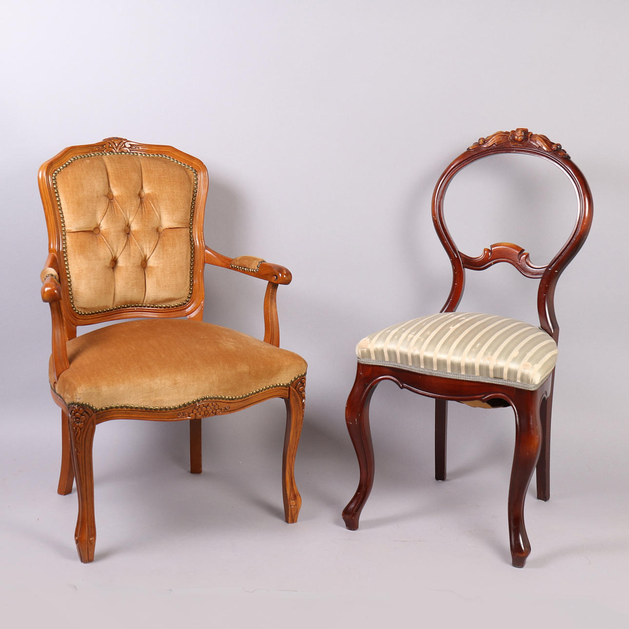 ARMCHAIR + CHAIR, 2 pcs, rococo style, 1900s.