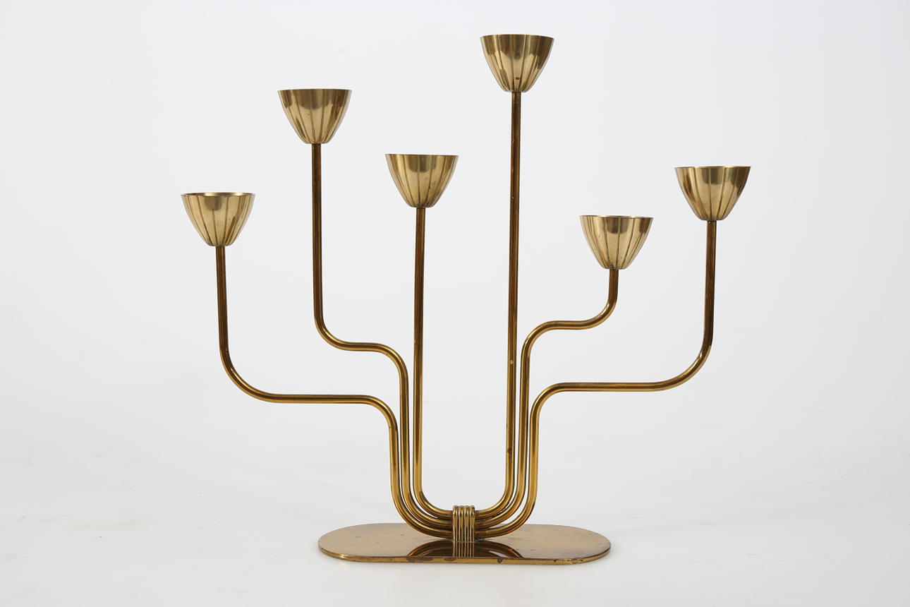 CANDLESTICK, brass, 6 arms, Gunnar Ander, monogram signed, Ystad-Metall.