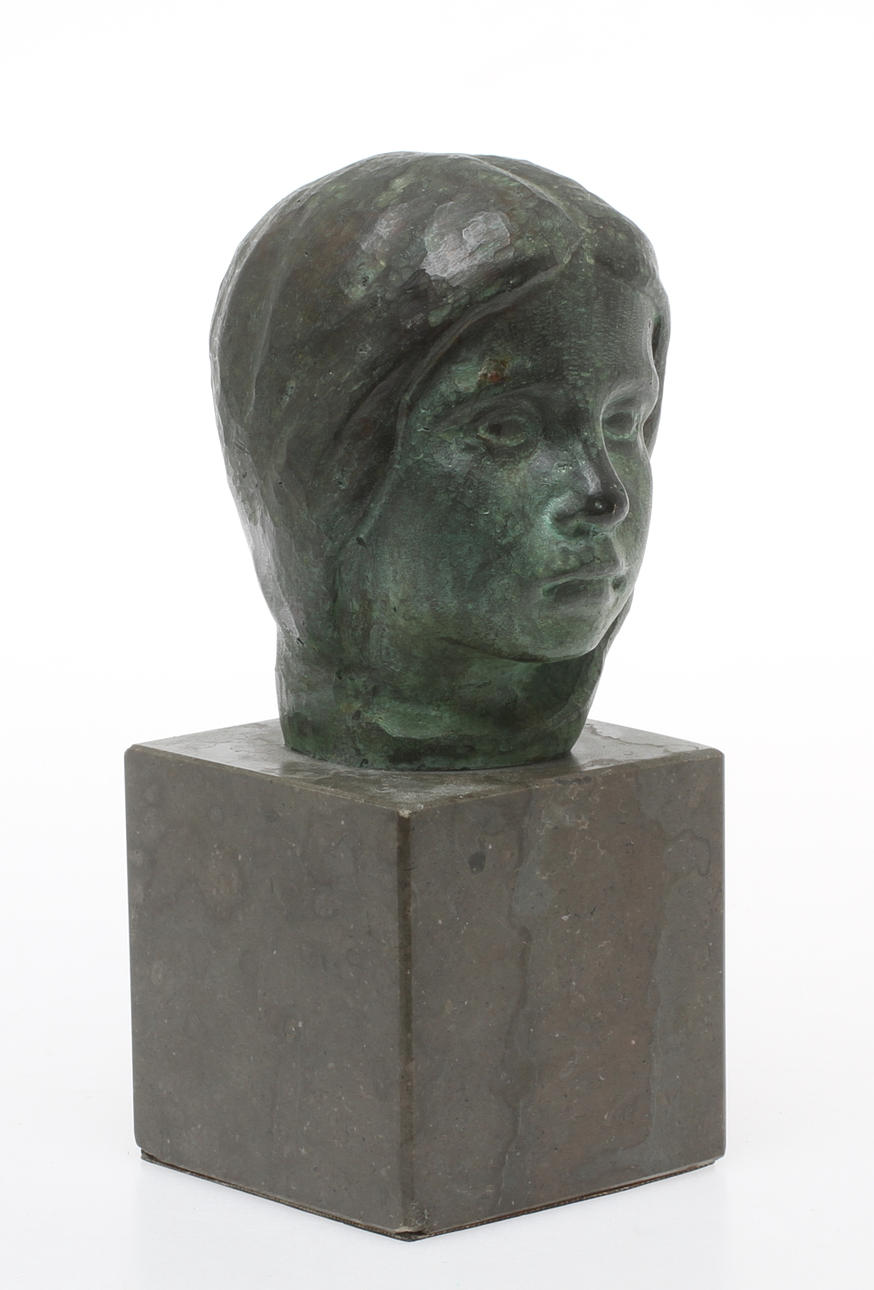 JOHANNES COLLIN. EFTER. byst, "Marie Claire enfant", patinerad brons på stensockel, 1900-tal.