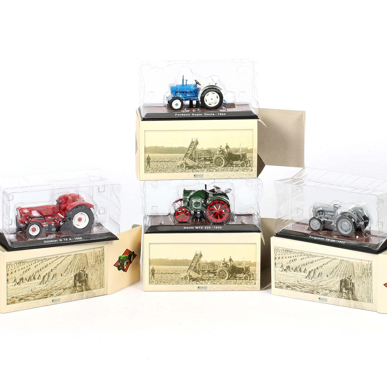 MODELLTRAKTORER, 5 st. metall, bl.a. Deutz MTZ - 1932, Edition Atlas Collections.