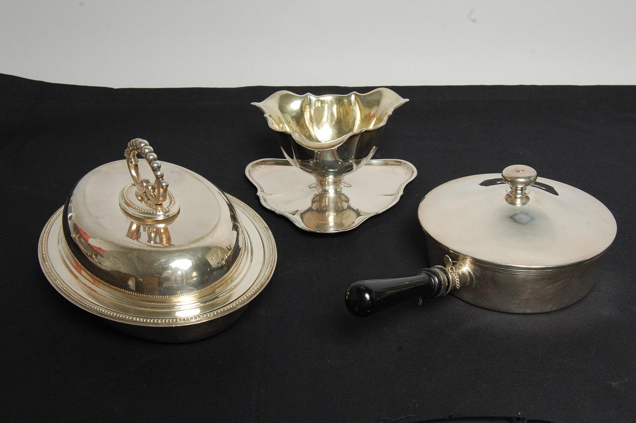 KAROTTER, SÅSSKÅL, 3 delar, pläter, nysilver, 1900-tal.