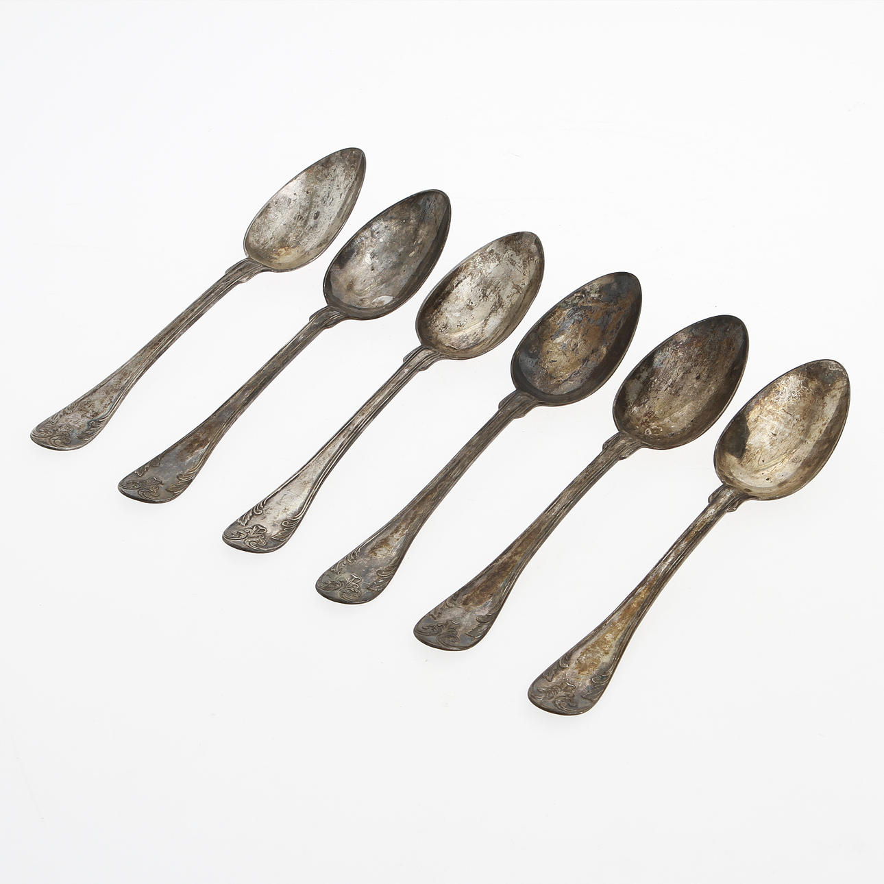 SKEDAR, 6 st, silver, Gustav Folker, Sverige, 1876. Ca 400 gram.