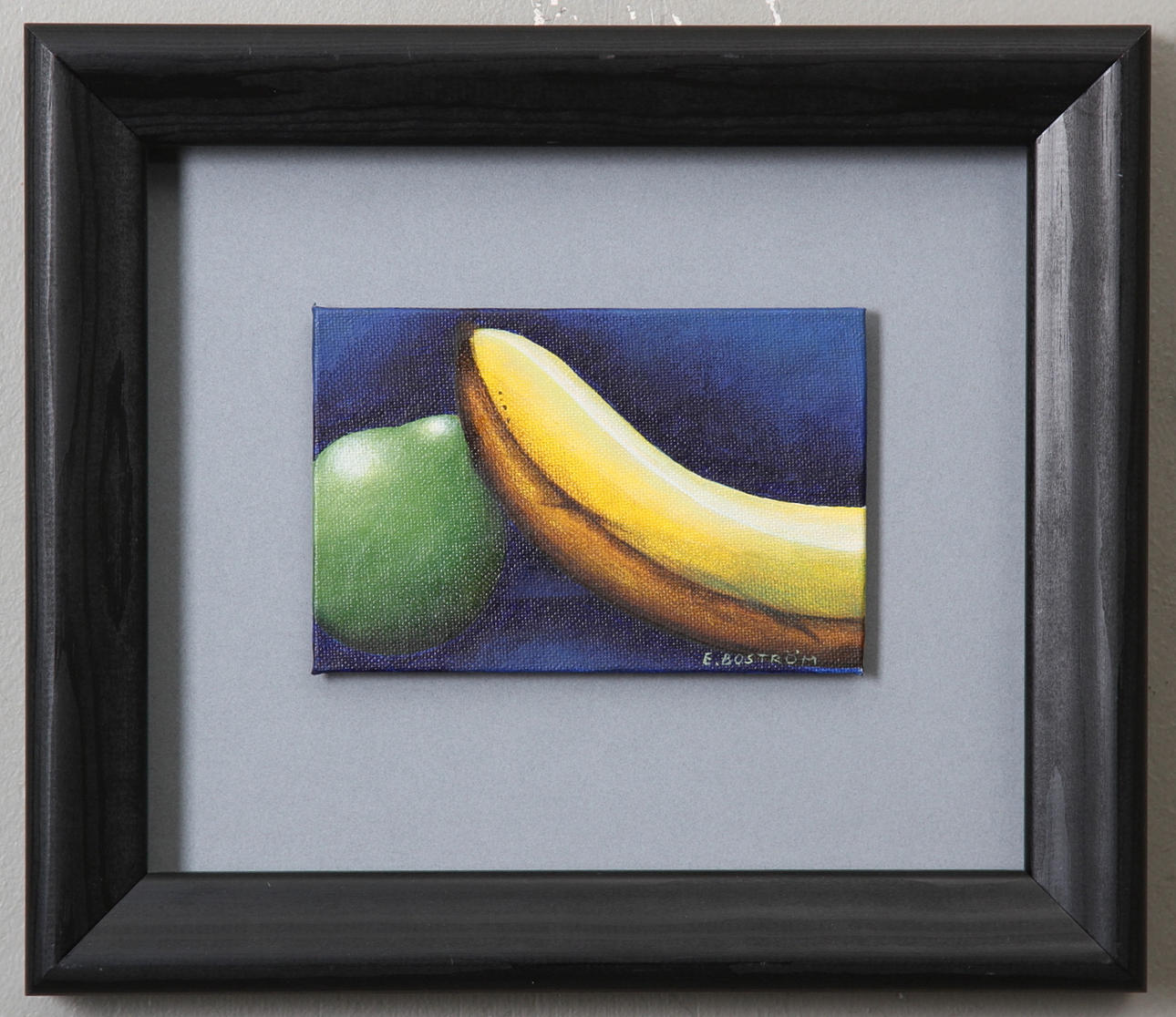 EVA BOSTRÖM. Olja på duk, stilleben med lime och banan, signerad.