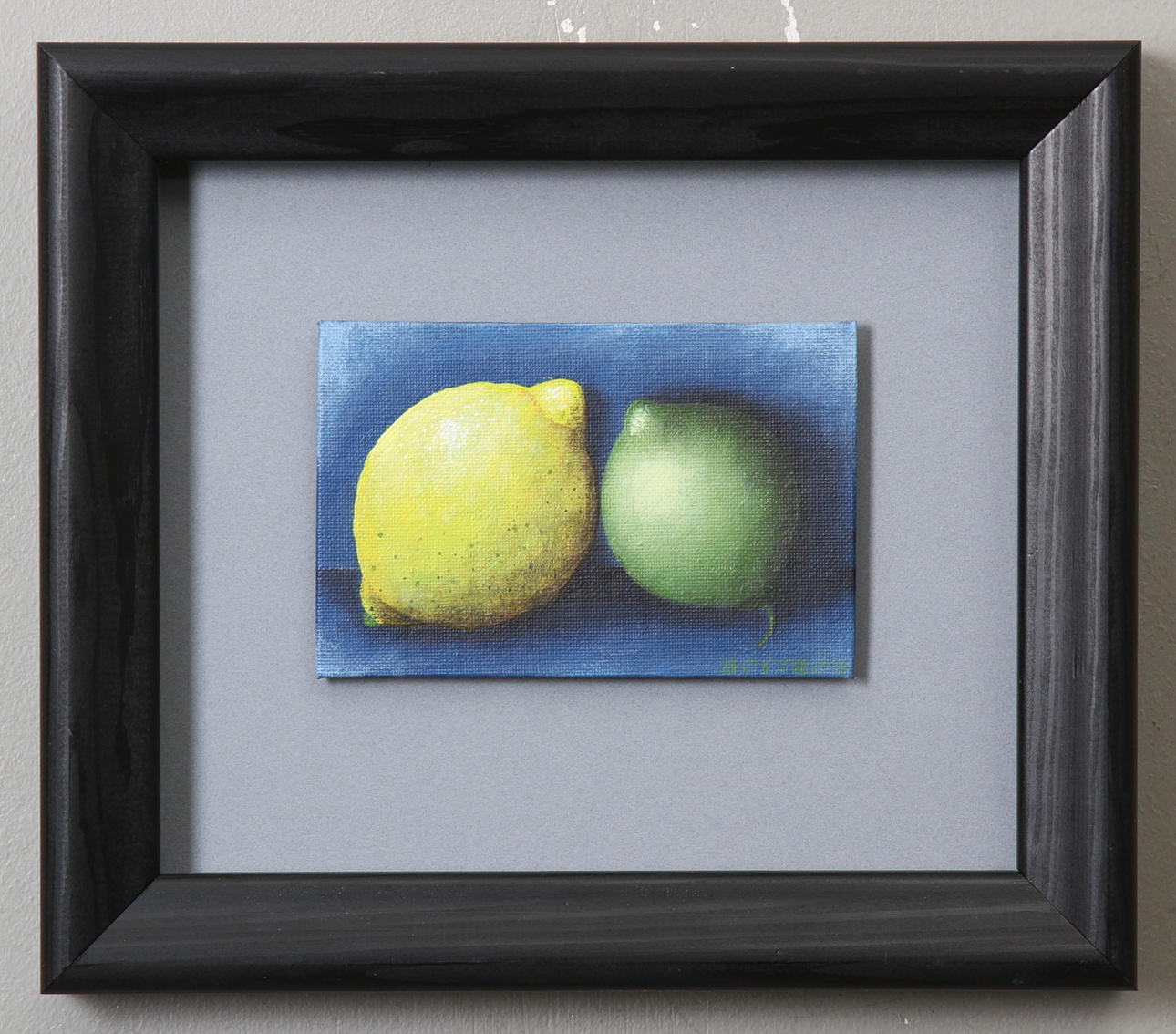 EVA BOSTRÖM. Olja på duk, stilleben med lime och citron, signerad.
