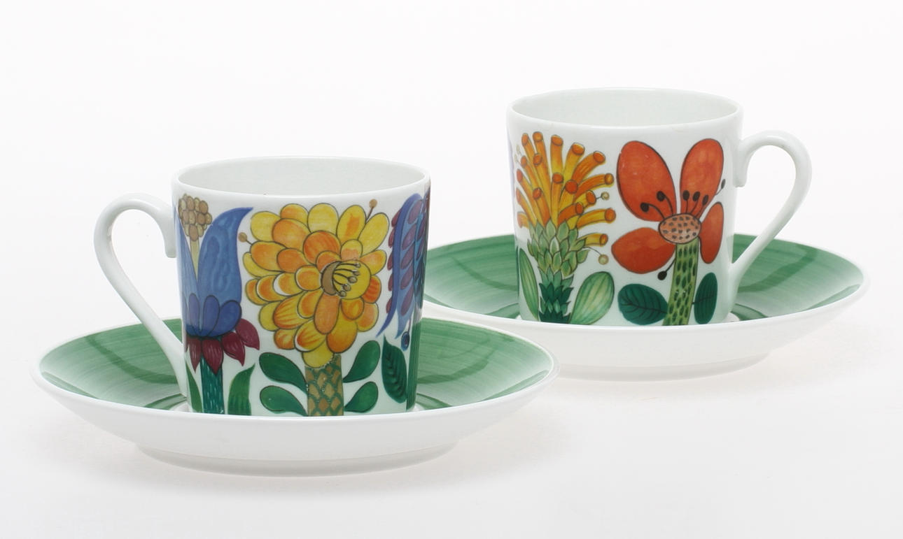 KAFFEKOPPAR, med fat, 12 st, "Tahiti", Stig Lindberg, Gustavsberg.