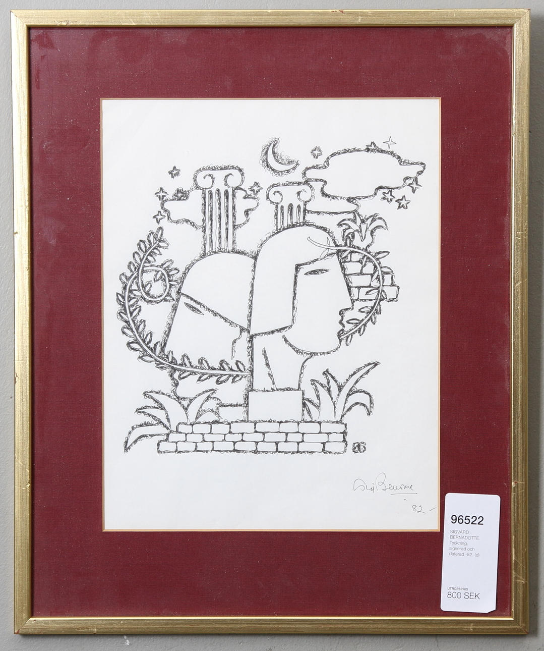 SIGVARD BERNADOTTE. Teckning, signerad och daterad -82.