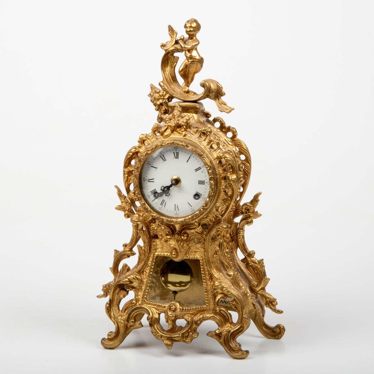 TABLE CLOCK, gilded metal, Rococo style, C. Zanardi, Italy. Clocks