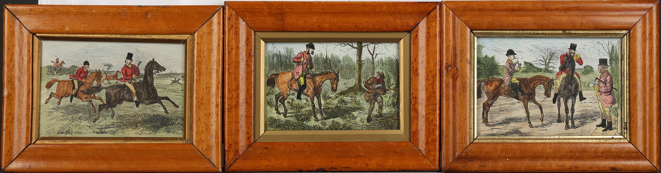 OIDENTIFIERAD KONSTNÄR. Jaktmotiv. Akvareller, 3 st, osignerade.