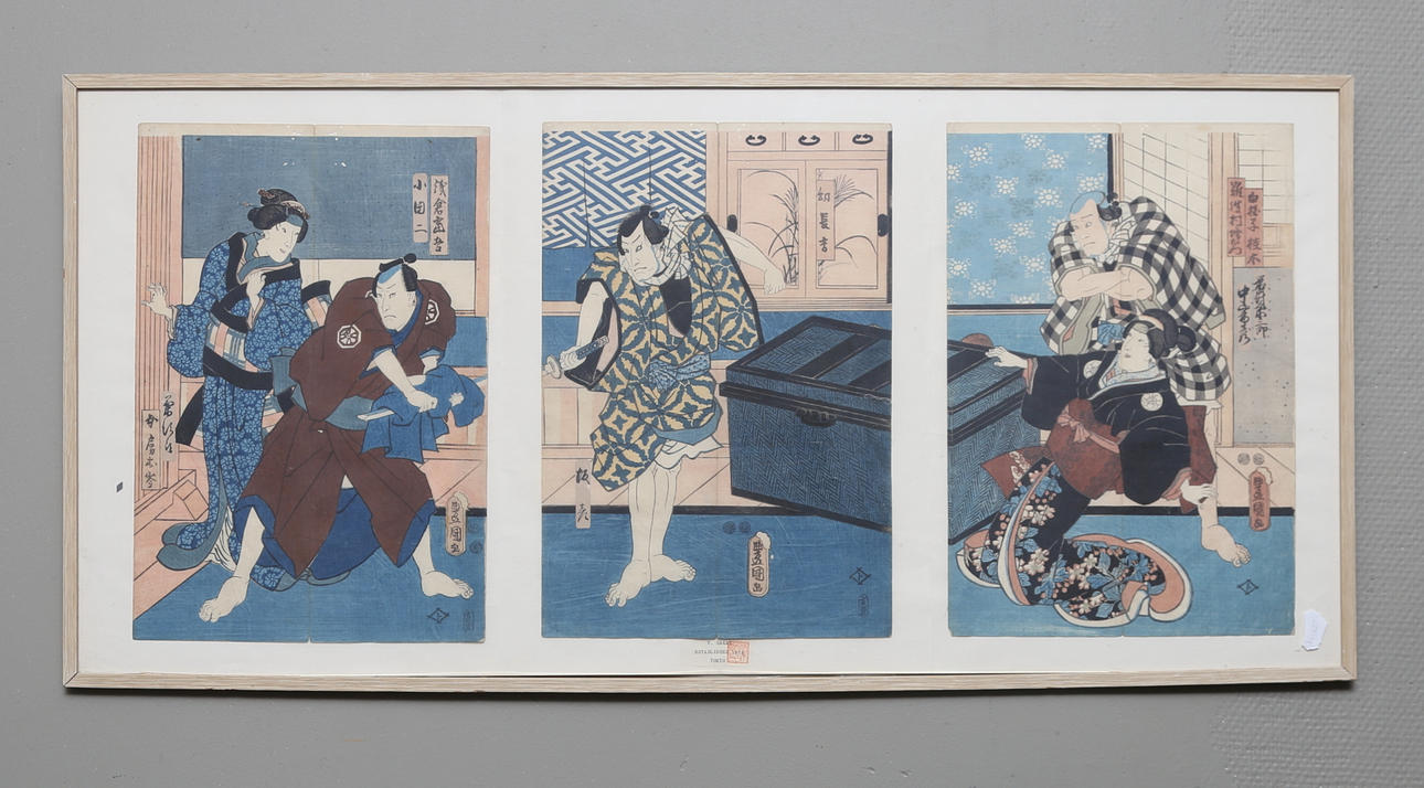 T. SAKAI. Tríptico, xilografía, Japón.