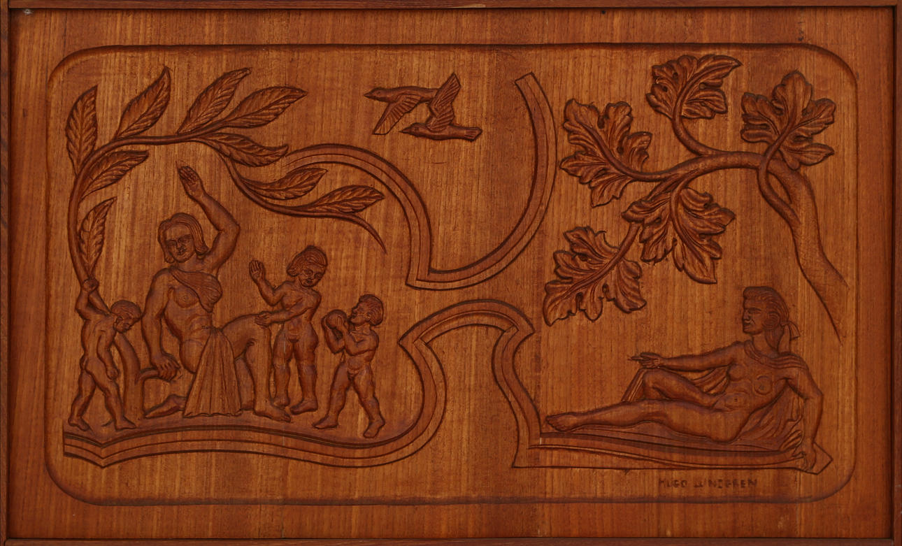 HUGO LUNDGREN. Brett, Holz, signiert.