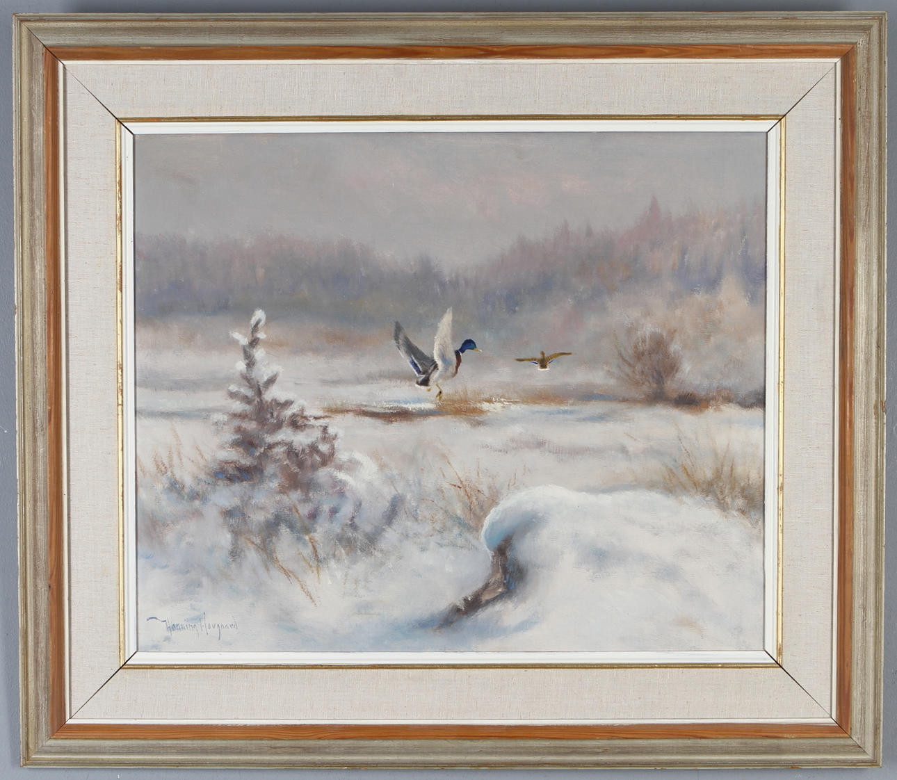 HENNING HOUGAARD. Änder i vinterlandskap, olja på duk, signerad.