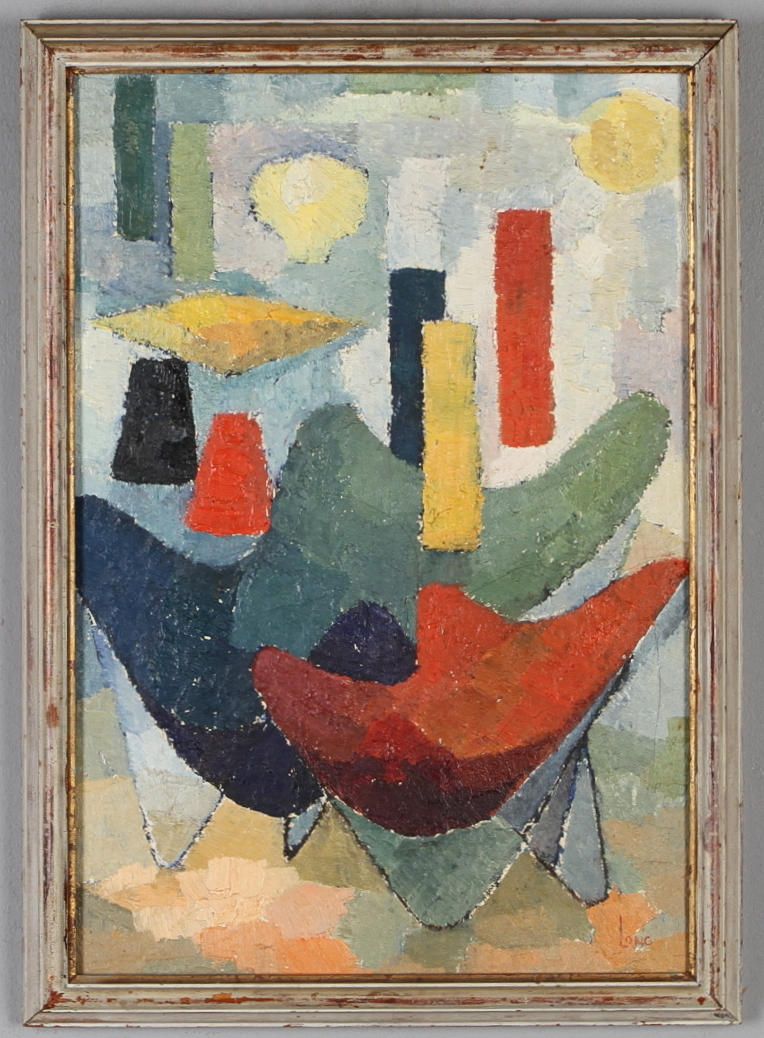 GÖTE LONG. "Komposition med läderlappsfåtöljer och armaturer", olja på duk, signerad Long.