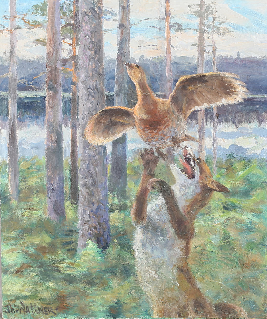 THURE WALLNER. Fox and Orre, oil on Board, signed.