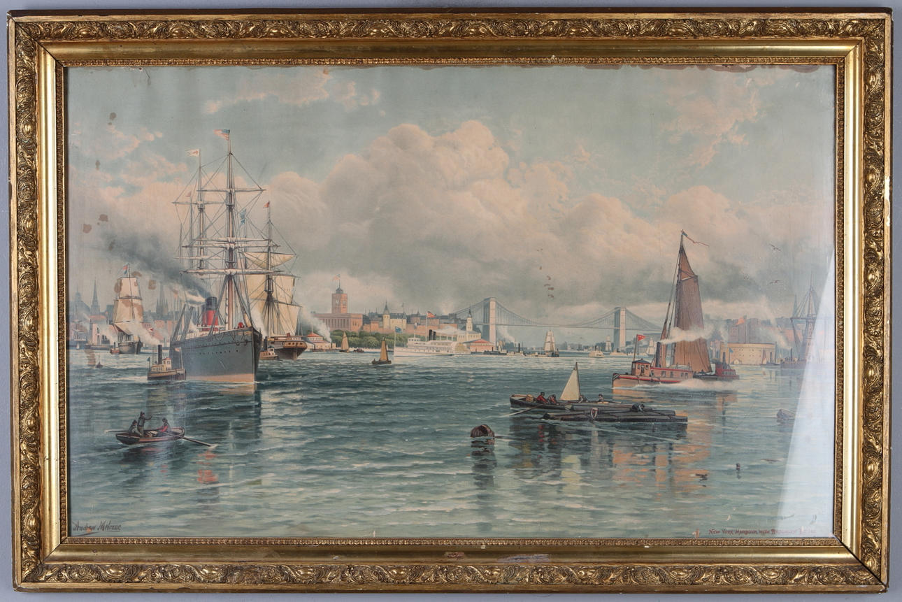 DEKORATIV TAVLA, New York Harbor with Brooklyn Bridge, affischtryck.