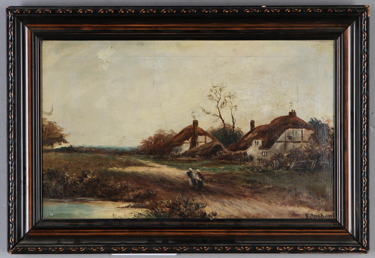 OKÄND KONSTNÄR. Landsväg med människor och hus, olja på duk, England 1800-tal.