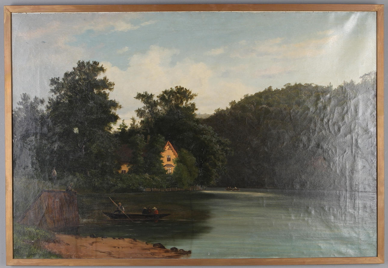 OKÄND KONSTNÄR. Flodlandskap med hus och figurer, olja på duk, signerad och daterad -75.