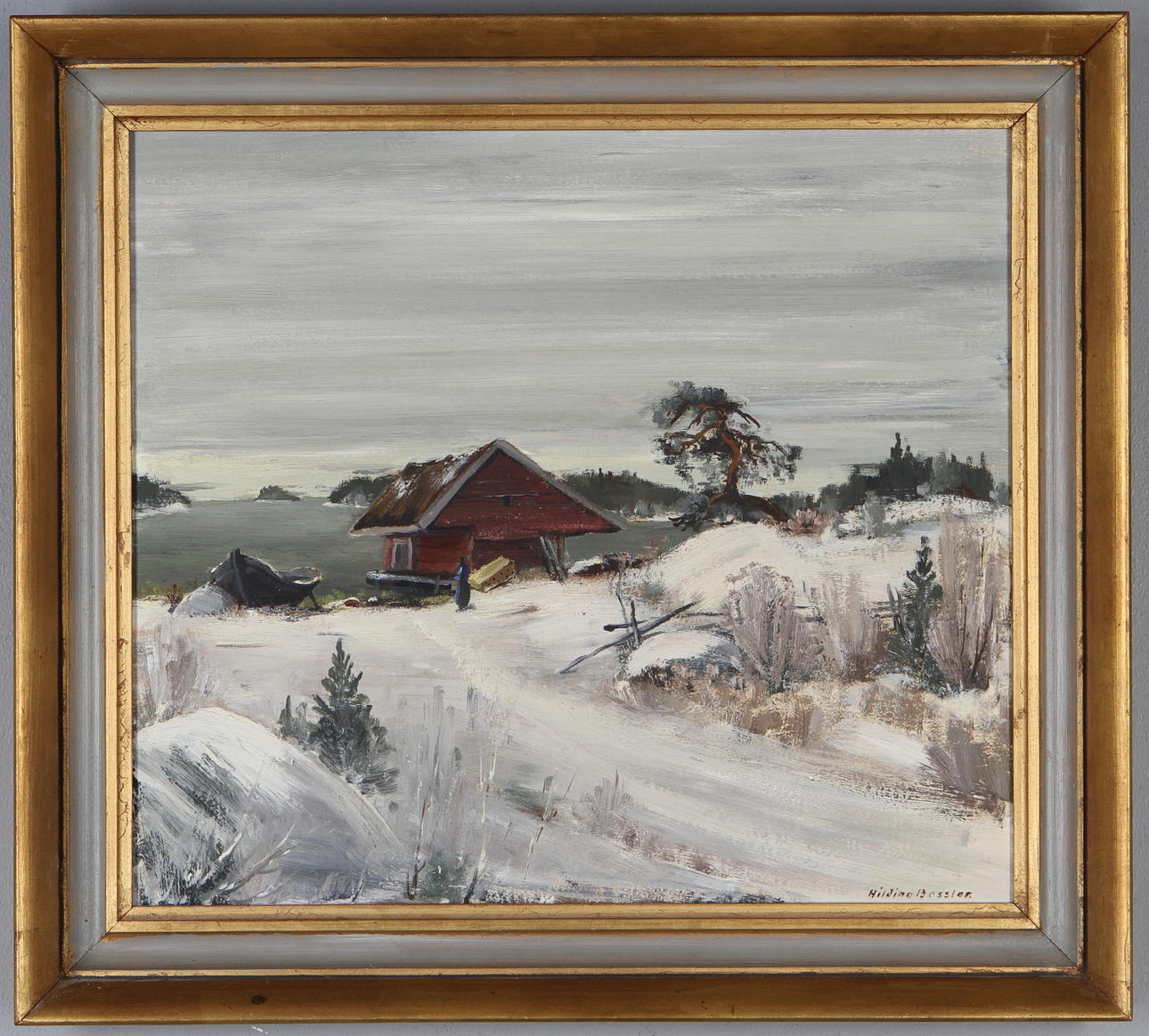 HILDING BOSSLER. Landskap med hus, olja på pannå, signerad.