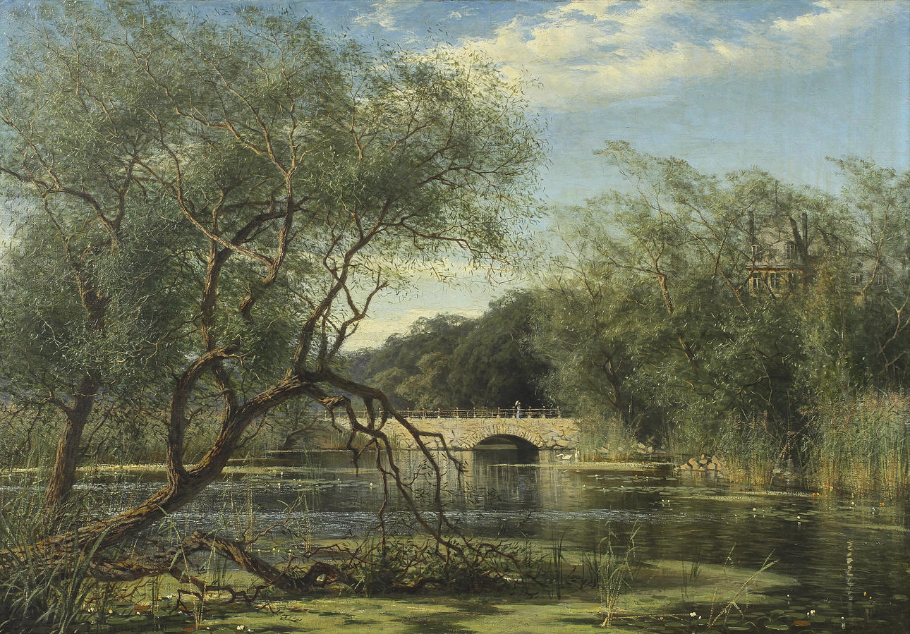 EDVARD ROSENBERG (1858-1934). Dam på stenbro blickande ut mot svanpar. Olja på duk.