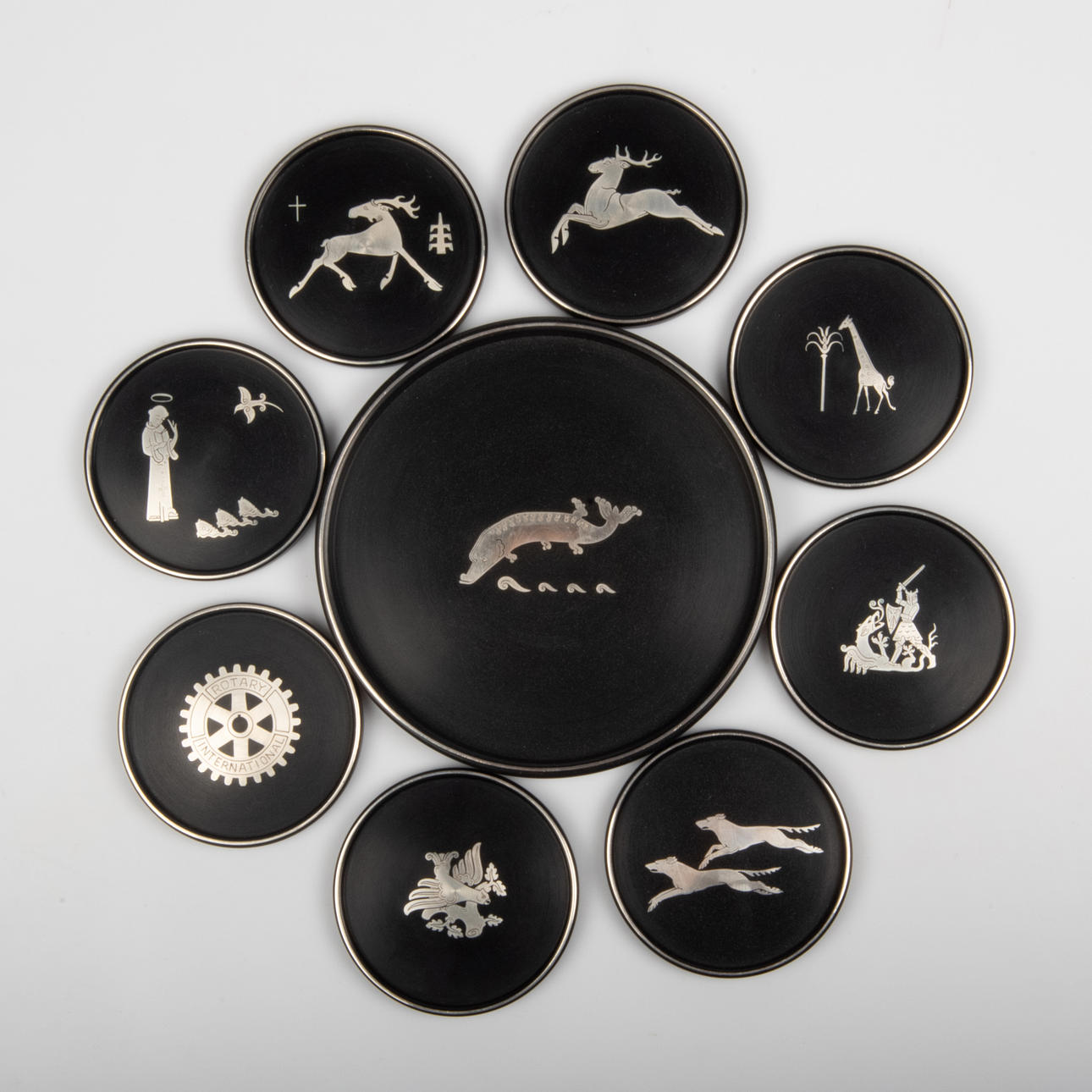 COASTERS, 9 pieces, bakelite with silver decoration, Perstorp.