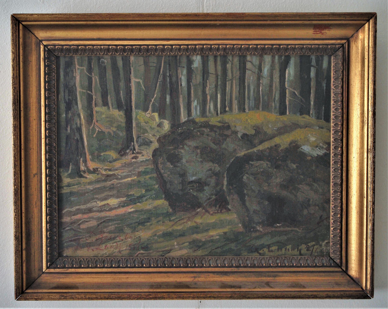 GUNNAR LUNDH. Forest study, oil on Board, signed with dedication and dated 1908.