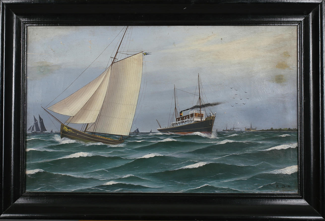 OIDENTIFIERAD KONSTNÄR. Fartyg vid Kronborgs slott,1890-1910-tal. Olja på duk. Signerad A D-n.