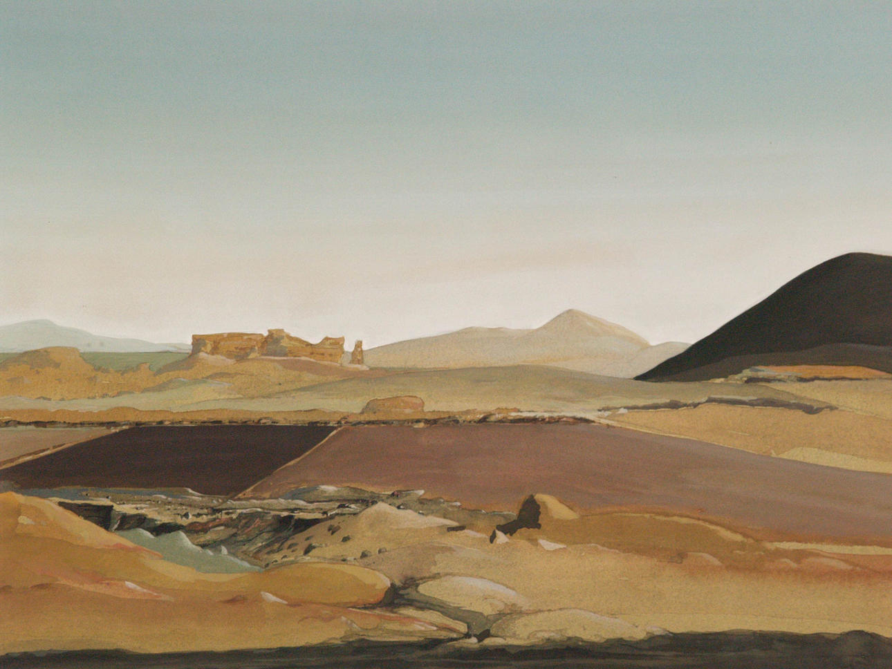 EV GRÜGER. Hügellandschaft, 1975, Aquarell auf Papier.