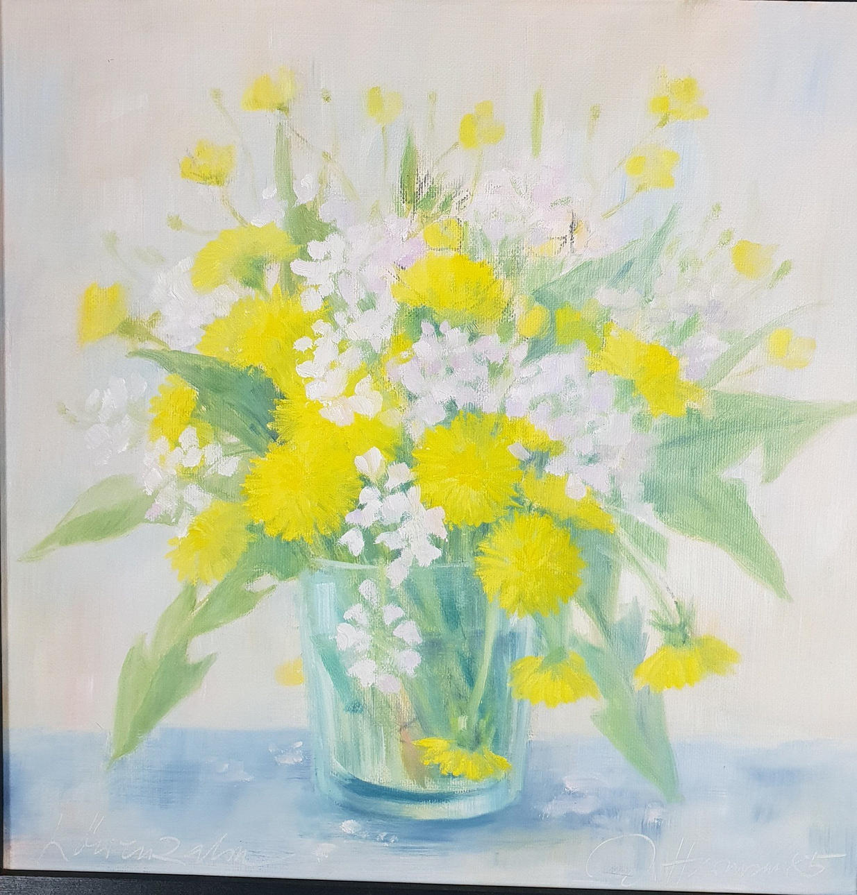 ANNE HERMSEN. "Löwenzahn", Öl auf Platte.