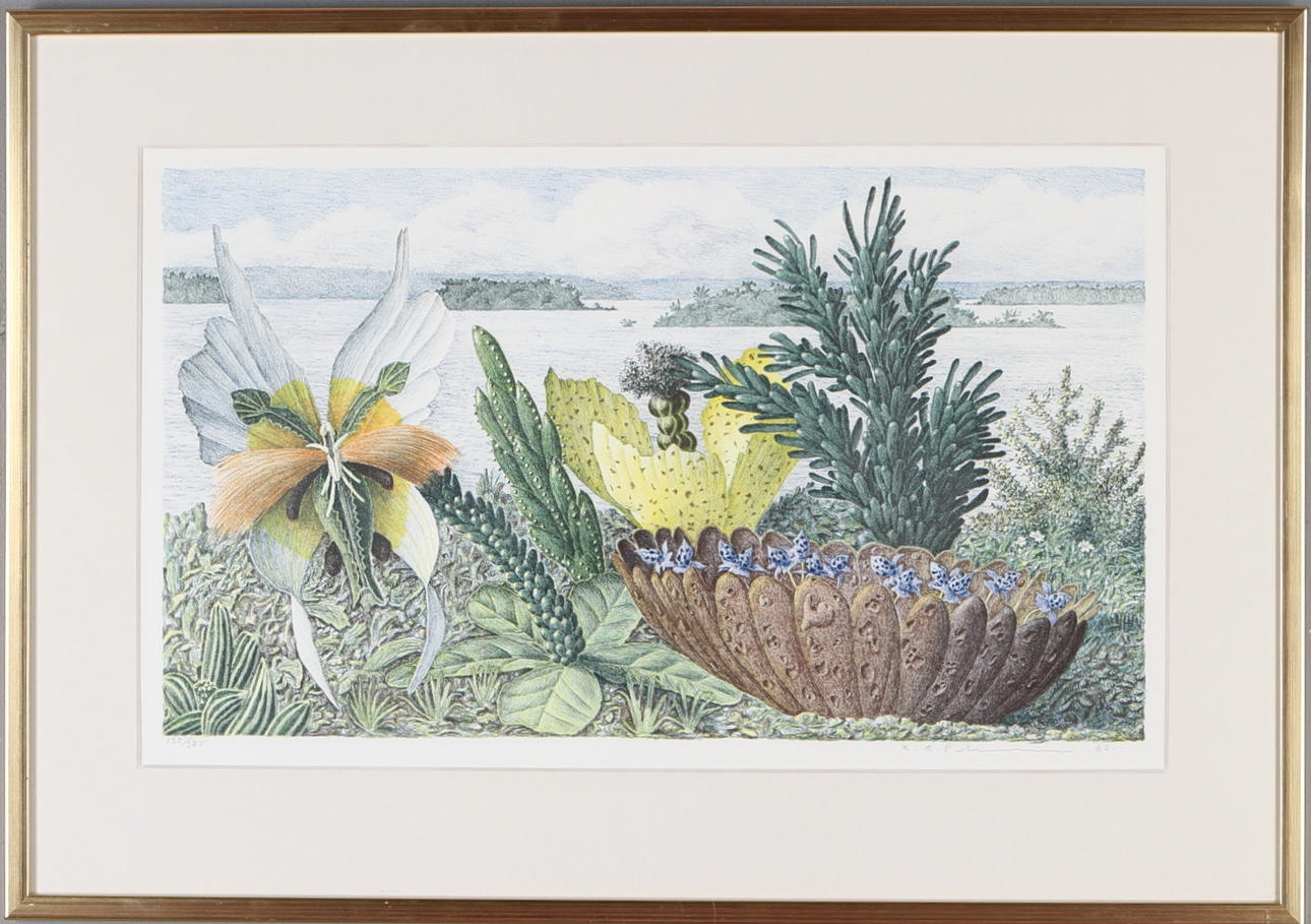 KARL AXEL PEHRSON. Fanstasiblommor, färglitografi, signerad och numrerad 138/385, daterad -83.