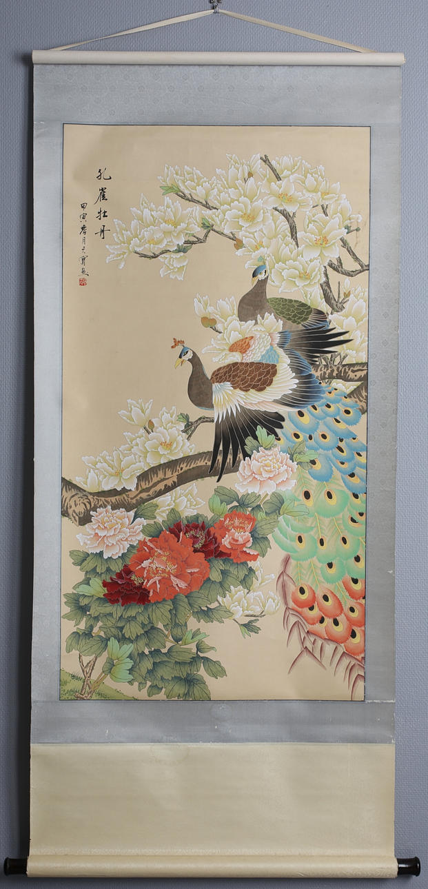 OIDENTIFIERAD KONSTNÄR. Rullmålning, Fågelmotiv, Akvarell. Kina, 1900-tal. Signerad.