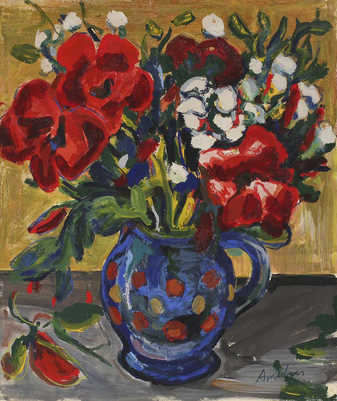ALBIN AMELIN (1902-1975). "Blombukett i blå vas." Blandteknik. Signerad Amelin och daterad -33.