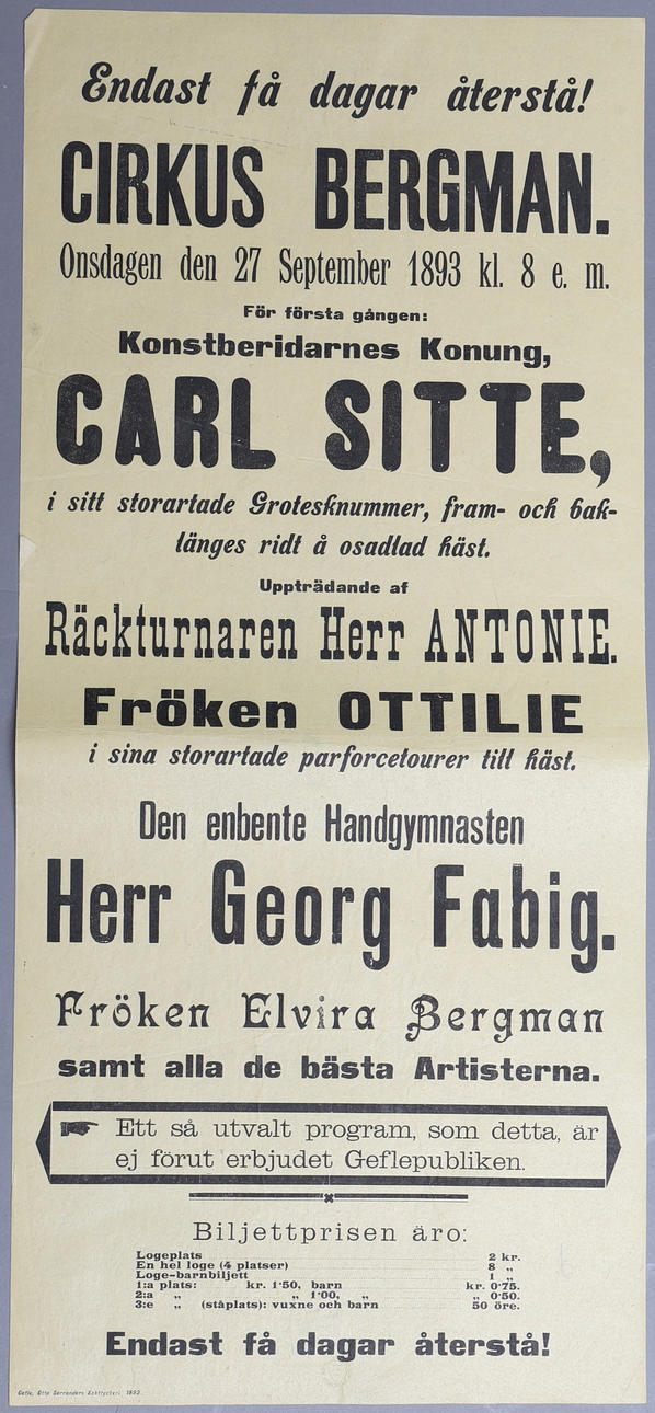 AFFISCH, "Cirkus Bergman", 1893, linnad.