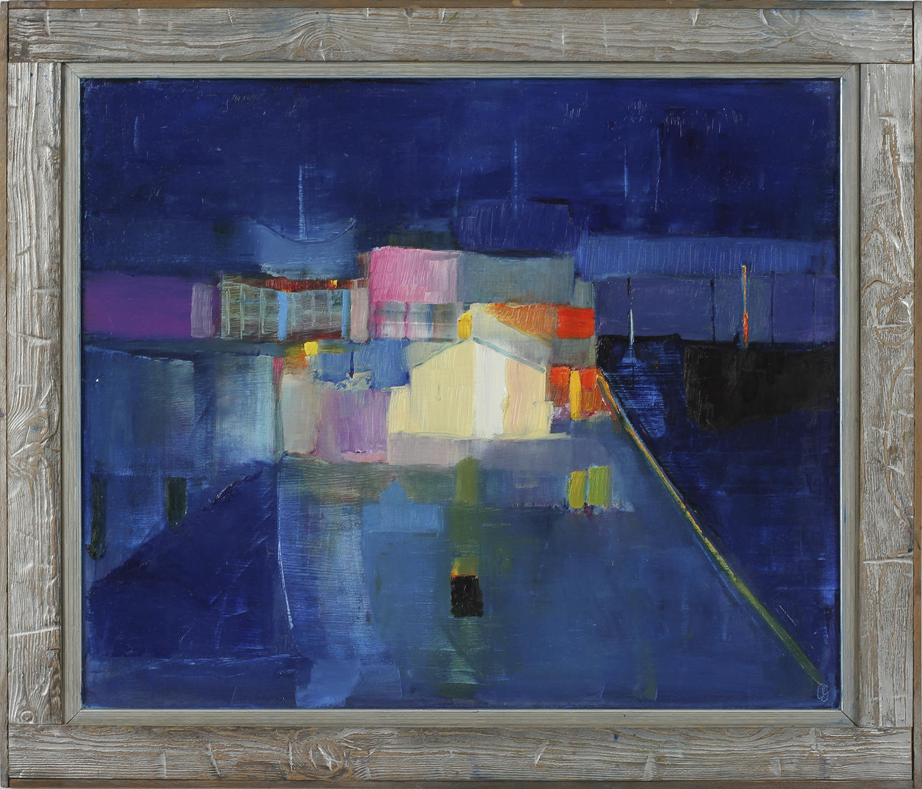 OLLE GUSTAFSSON. "Blå Hamn" olja på pannå, signerad a tergo.