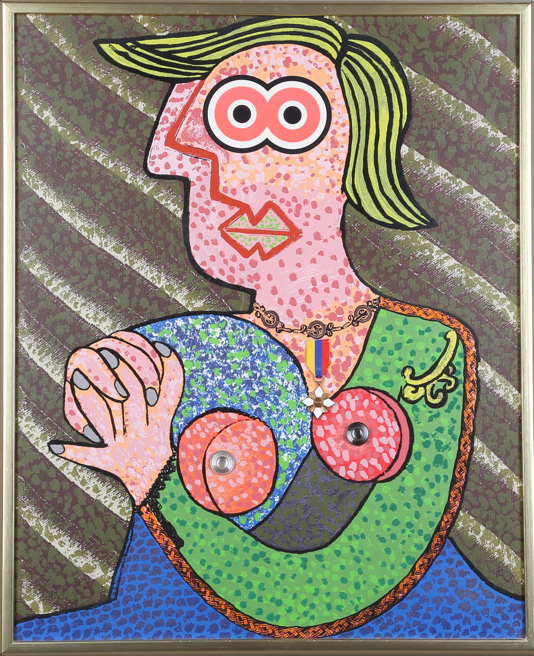 ENRICO BAJ. "Volto di donna", mixed media/collage, signed on the back and numbered 270/1100.