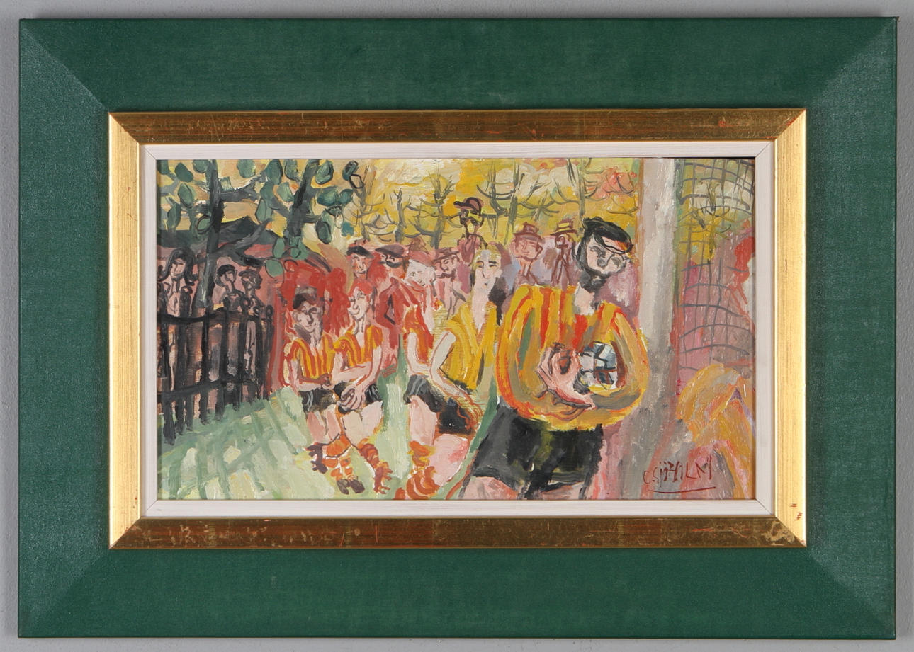 CHARLES SJÖHOLM. "Bollspelarna", olja på pannå, signerad.