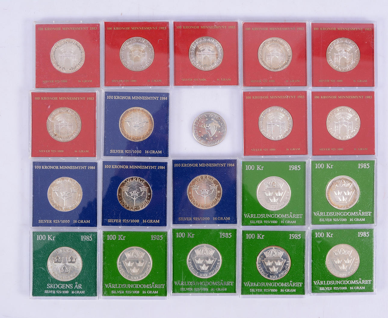 JUBILÆUMSMØNTER, 20 stk, sterling sølv, 100 kr.