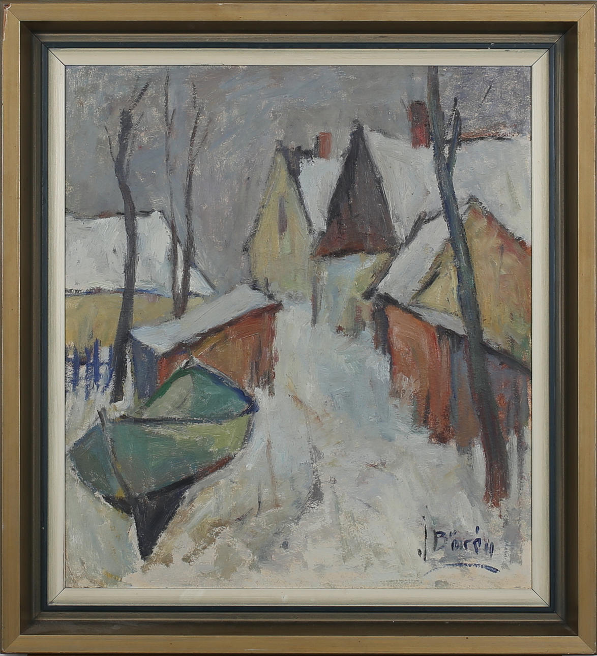 JOHAN BÖRÉN. "Skåre fiskeläge". Olja på pannå. Signerad J Börén.