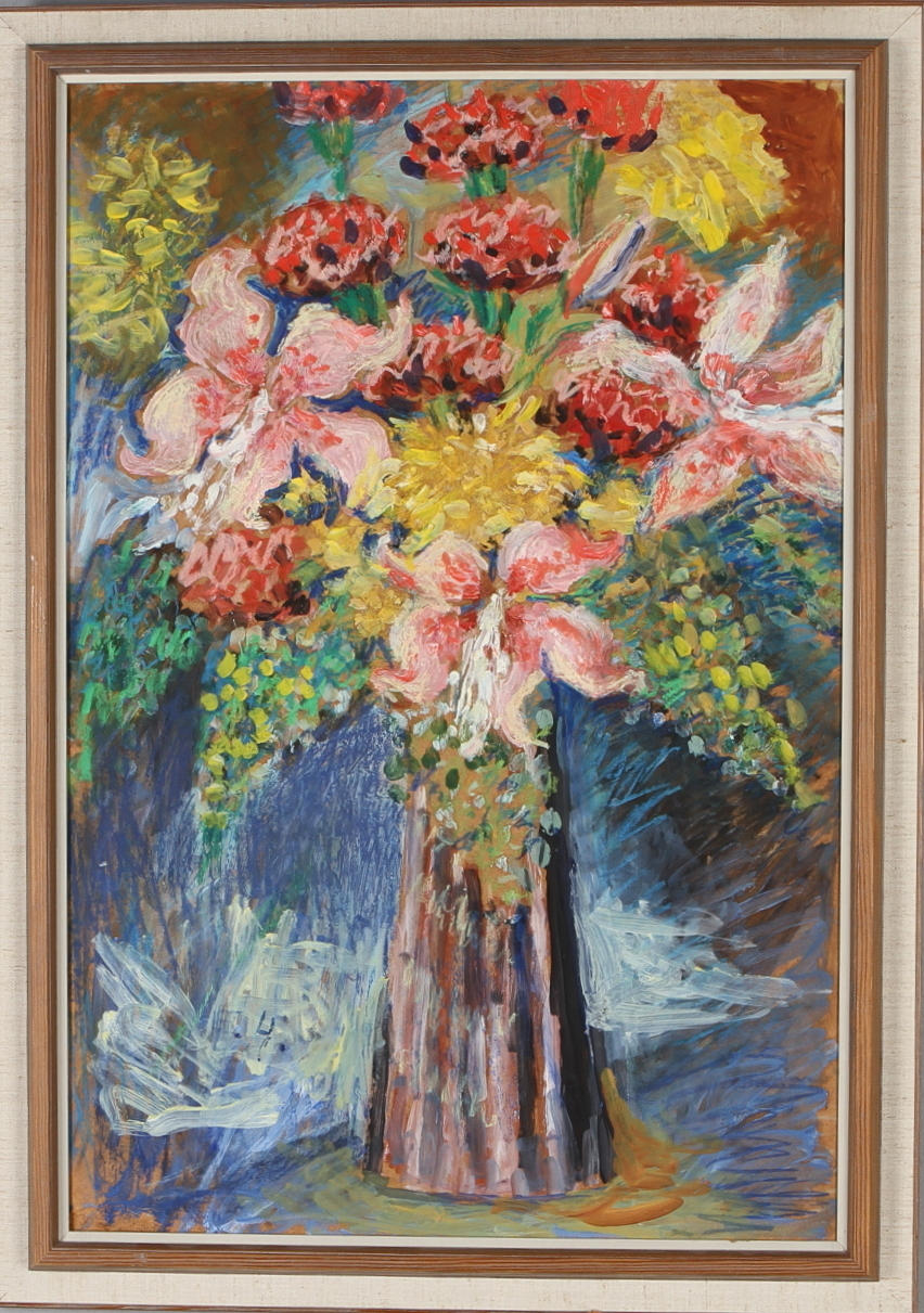 ESTER HENNING. Blomsterstilleben, olja på pannå, monogramsignerad.