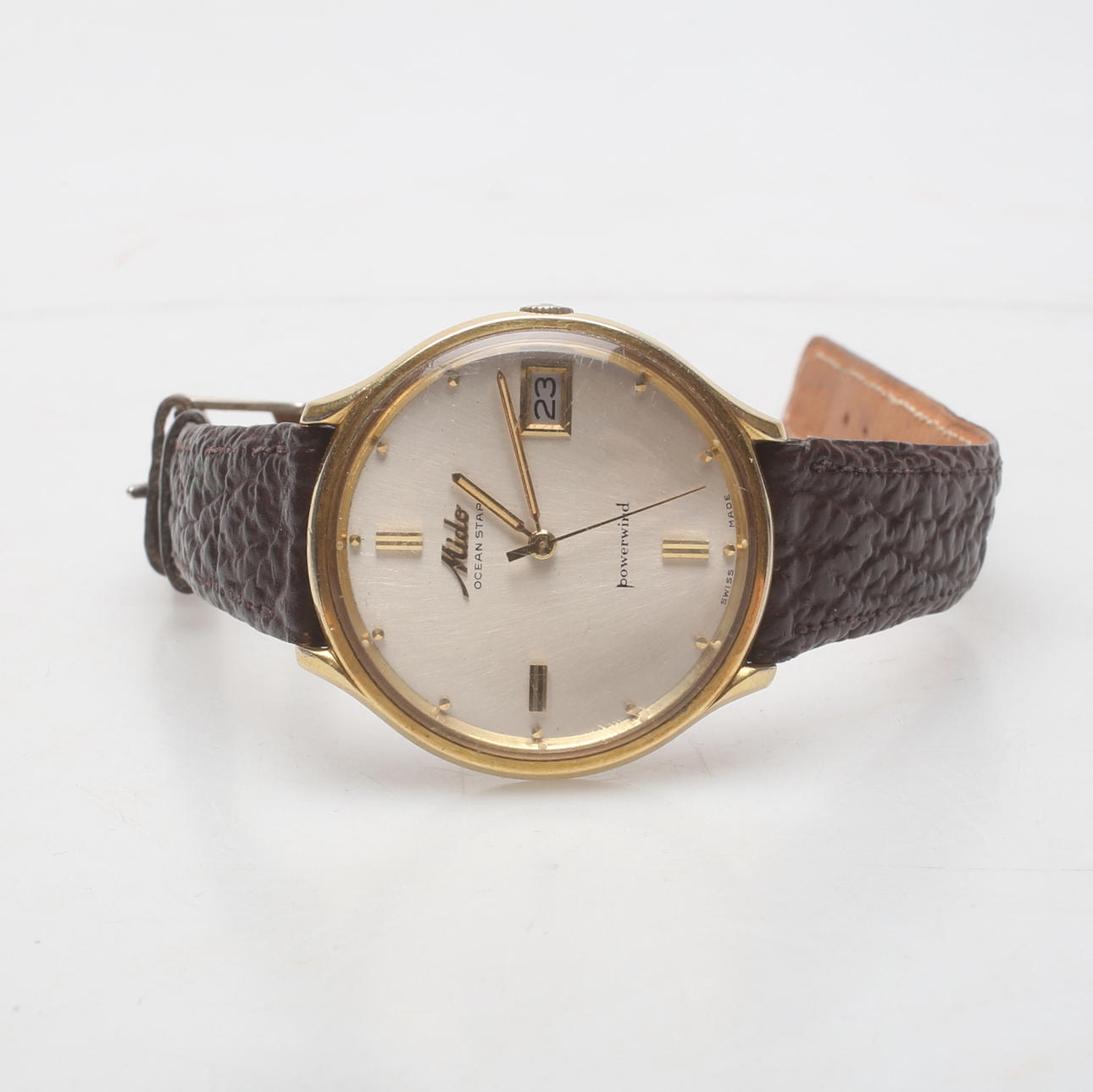 WRISTWATCH, automatic, approx. 37mm in diameter, leather strap, date, Mido Ocean Star Powerwind.