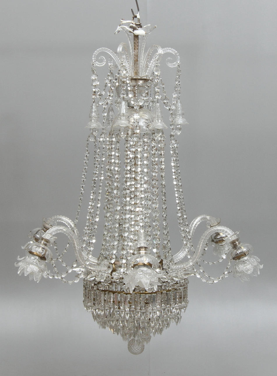 LJUSKRONA, med 6 st ljusarmar, glas, 1900-talets början.