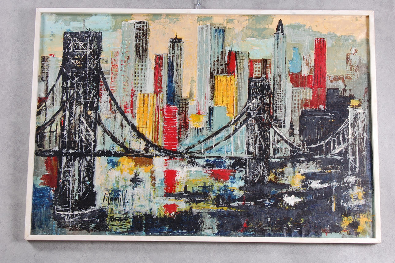 OKÄND KONSTNÄR. olja på duk, " Brooklyn bridge " 1960-tal.