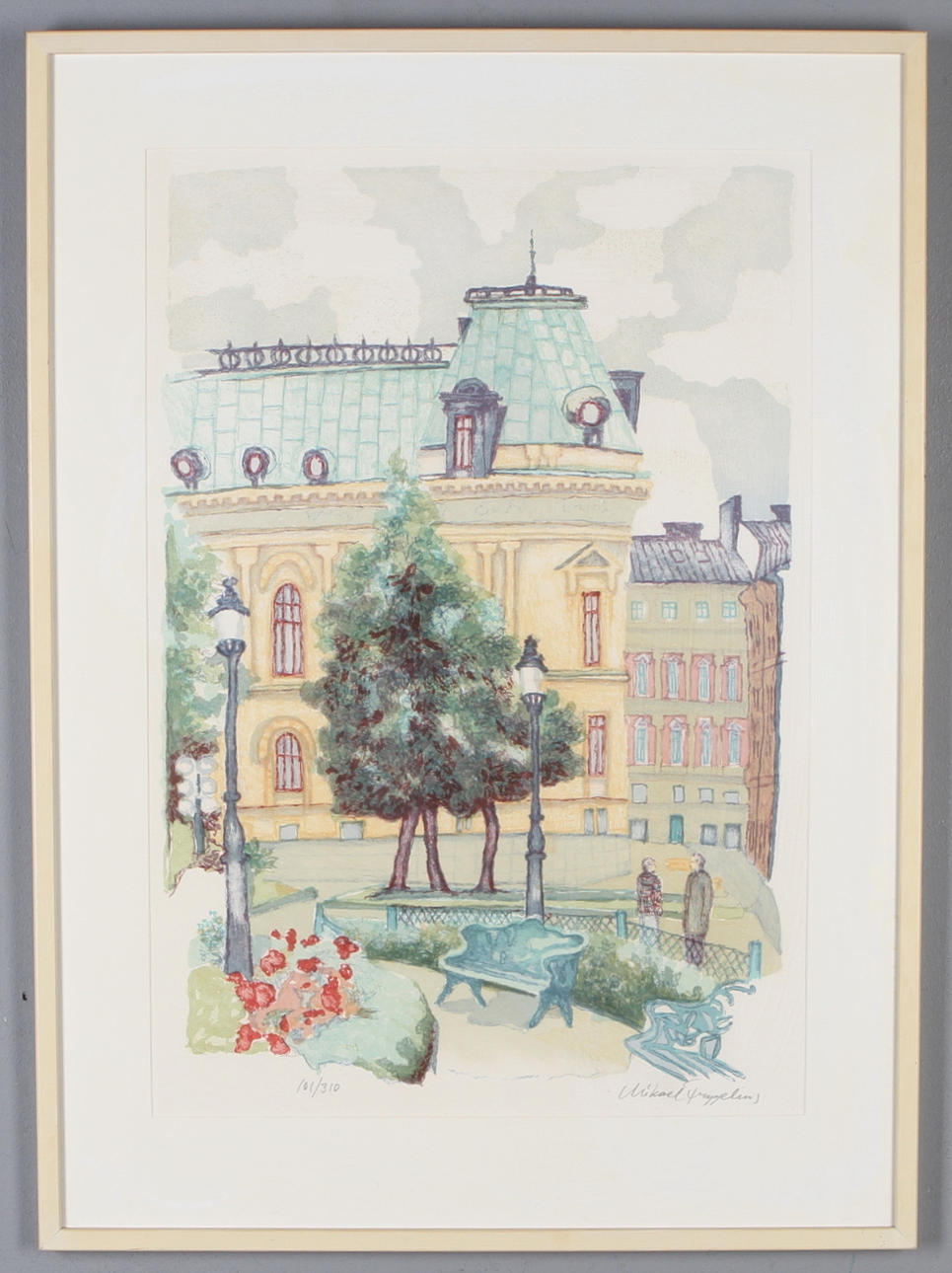 MIKAEL FRYGELIUS. Stadsbild, färglitografi, signerad samt numrerad 101/310.
