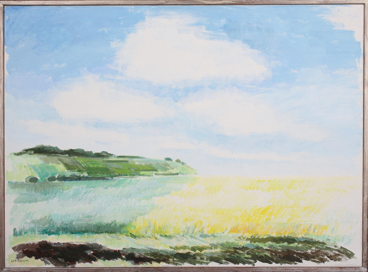 NEG NILSSON. Motiv från Ven, "Landskap med gult fält". Olja på duk. Signerad.