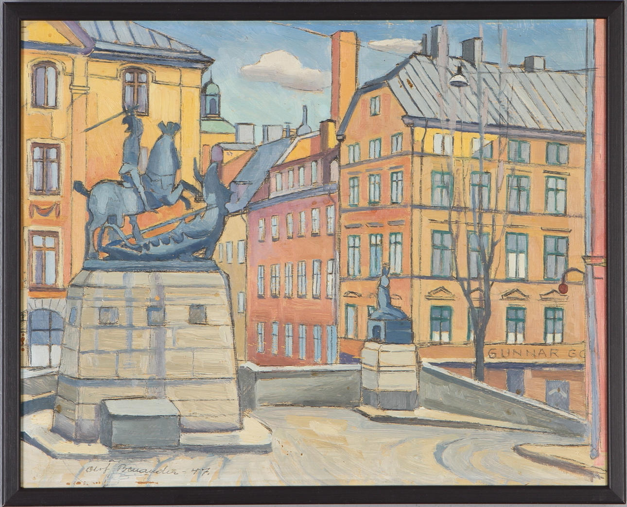 OLOF BENANDER. St Göran och Draken i Gamla Stan, olja på pannå, signerad samt daterad -47.