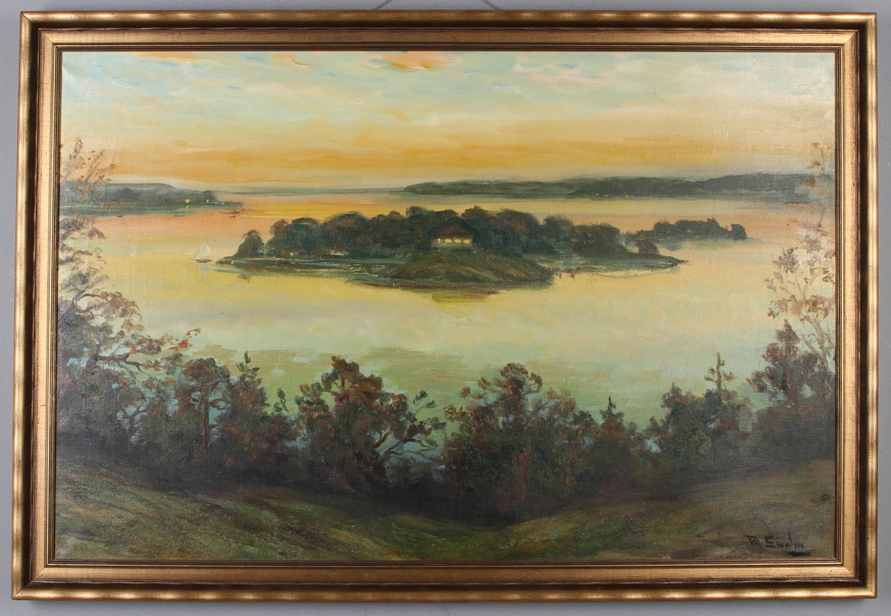 RAGNAR SWAHN. Kustmotiv med båt och hus, olja på duk, signerad.