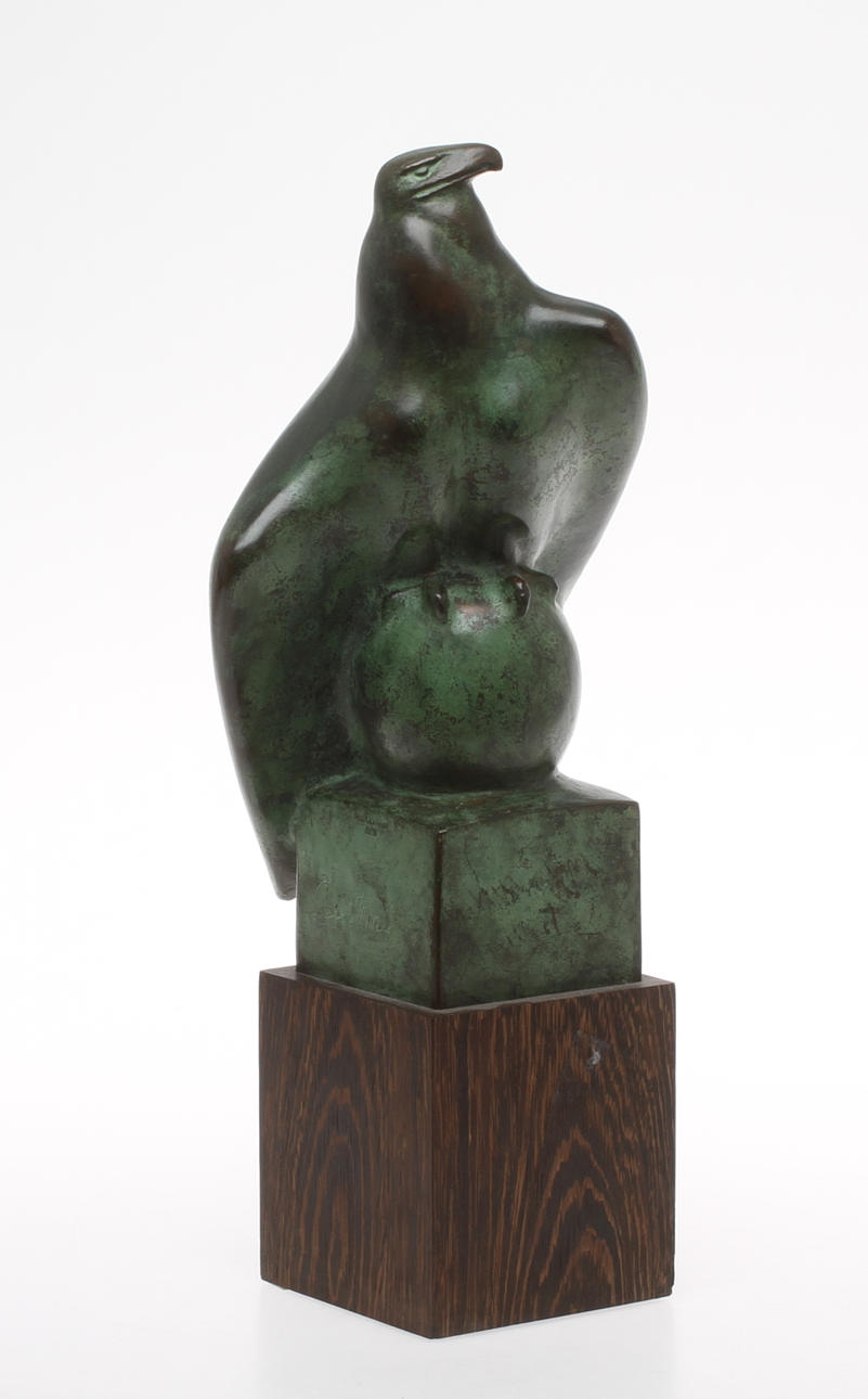 CARL MILLES. Eagle on globe, patinated bronze on wooden base. signed and dated Posth ex 1959.