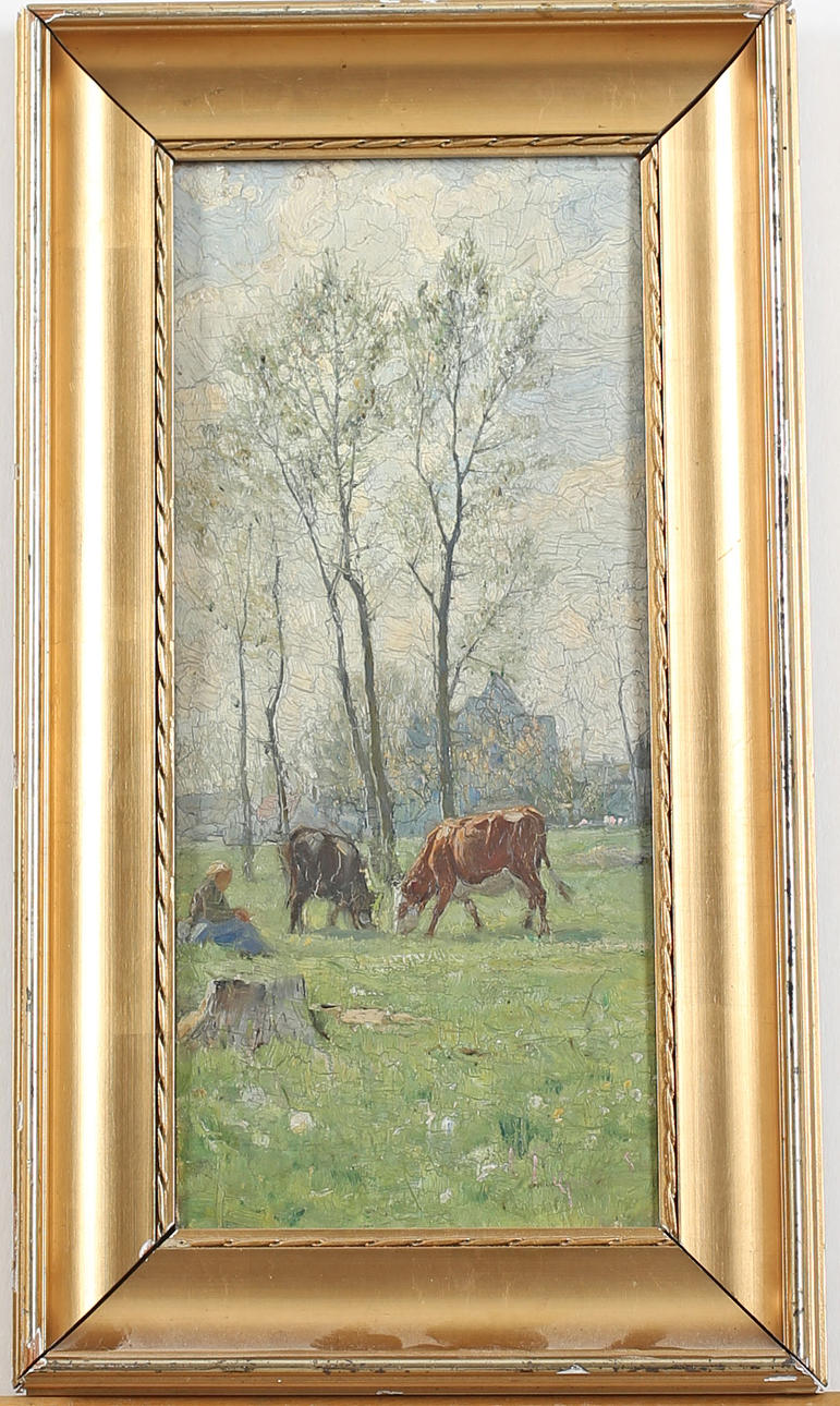 CARL TRÄDGÅRDH. Vårlandskap med kor, motiv från Grès. Olja på pannå. Signerad.