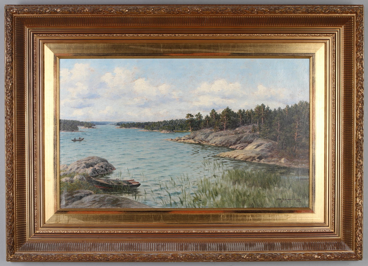 OKÄND KONSTNÄR. Skärgårdsmotiv, olja på duk, otydligt signerad.