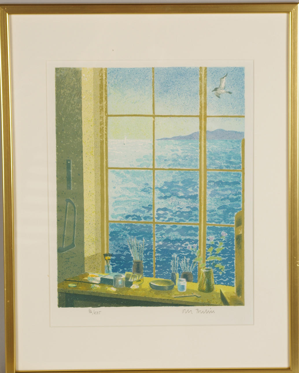 OLLE BERLIN. "Fönster mot havet", färglitografi.
