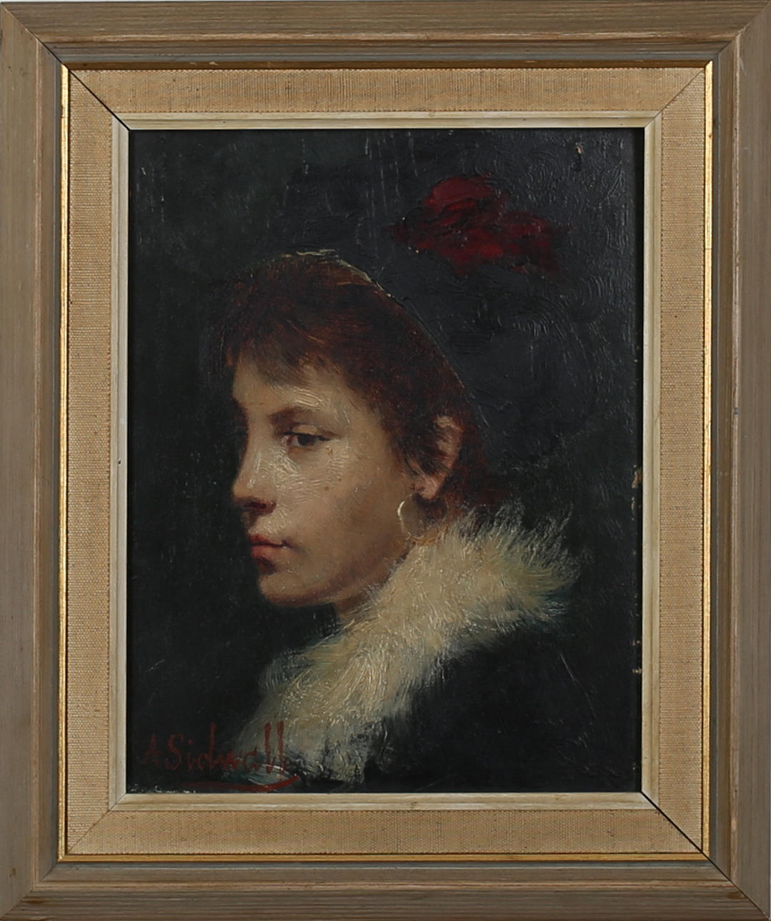 AMANDA SIDWALL, (1844-1892). Porträtt av en ung kvinna. Olja på träpannå. Signerad A Sidwall.